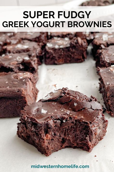 Crush your chocolate cravings with Fudgy Greek Yogurt Brownies. This easy one-bowl brownie recipe is lightened up with Greek yogurt, yet loaded with chocolate to create ooey-gooey thick, dense, dark chocolate brownies that bake in about 20 minutes. #healthybrownierecipe #healthydesserts #healthybrownies #fudgybrownies #brownierecipes #bestbrownierecipe Yogurt Brownies, Greek Yogurt Brownies, Fudgy Brownie Recipe, Dark Chocolate Brownies, Healthy Brownies, Greek Yogurt Recipes, Protein Desserts, Bar Recipes, Brownie Recipe