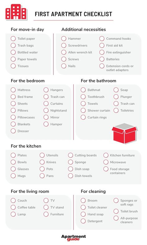 New Apartment Checklist, First Apartment Tips, New Home Essentials, First Apartment Essentials, New Home Checklist, First Apartment Checklist, Apartment Needs, Apartment Hunting, Apartment Checklist