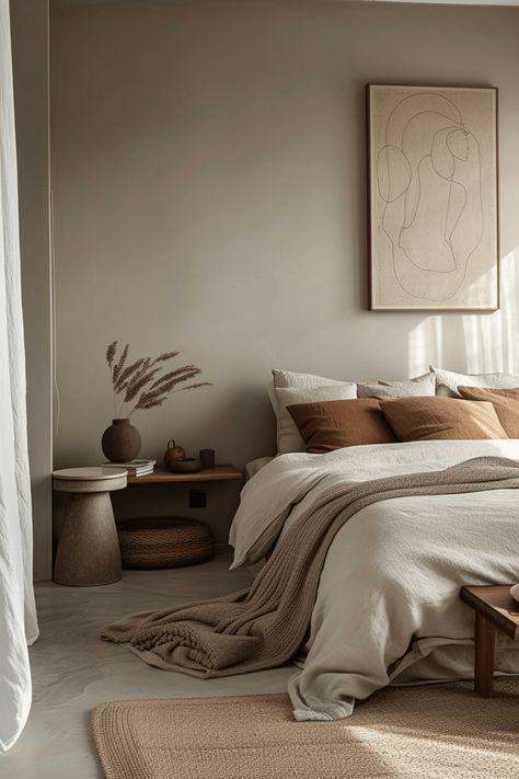 37+ Earthy Modern Bedroom Ideas to Make You Feel Grounded Bedroom In Earthy Tones, Grey Wall Bedroom Ideas Decor, Bedroom Bohemian Modern, Olive And Brown Bedroom, Mid Century Minimalist Bedroom, Earthy Tones Decor, Brown Tone Bedroom, Grey Bedding Bedroom Ideas, Taupe Walls Bedroom