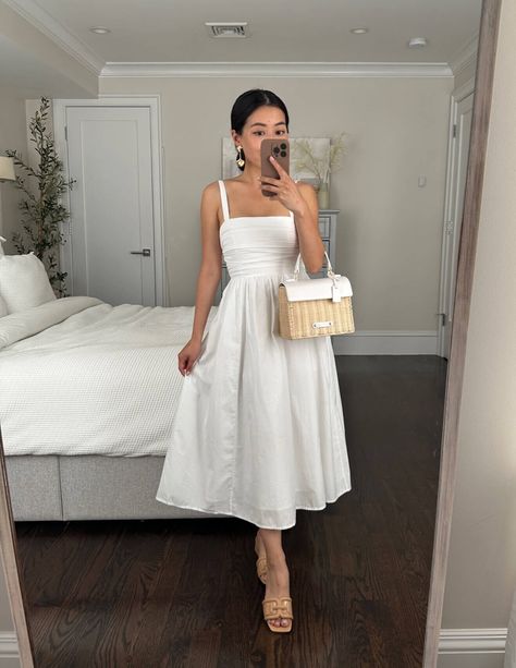 Chic Graduation Outfit, Bridal Outfits Casual, Midi Bridal Shower Dress, Summer Outfits For Petite Women, White Midi Dress Outfit, White Sundress Outfit, Summer Outfits Petite, Dresses For Petite Women, Graduation Outfits For Women