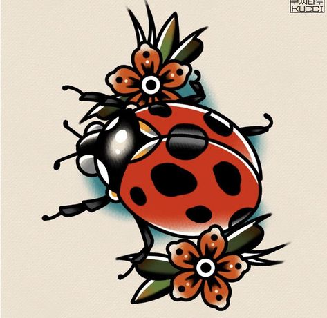 Ladybug Tattoo, Traditional Tattoo Inspiration, American Traditional Tattoo Ideas, Traditional Tattoo Flowers, Traditional Tattoo Ideas, Traditional Tattoo Designs, Lady Bug Tattoo, Bug Tattoo, Palm Tattoos