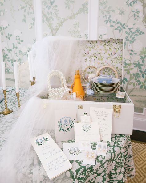 @SamanthaVarvel for Petite Keep: Bridal Edition. 🤍⁠ ⁠ @sjbaileycurated brings her wedding memories to life with a Grand White Trunk featuring Samantha's Songbirds and a White Monogram in Crawford font.⁠ ⁠ Swipe to see every detail, from pearl headbands and handbags to custom stationery!⁠ ⁠ Thank you so much for sharing these beautiful photos, SJ! ⁠ Pear Orchard, Baby Trunks, Embroidery Guide, French Home, Burp Cloth Set, Custom Stationery, Pearl Headband, Wedding Memorial, French House