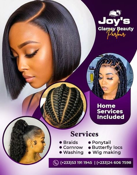 Hair Business Flyer Design, Beauty Salon Banner Design Ideas, Hair Flyer Design Ideas, Salon Poster Design Beauty, Hair Dressing Flyer Design, Braid Flyer Design, Hair Banner Design, Hair Salon Flyer Design, Hair Logo Design Ideas Graphics