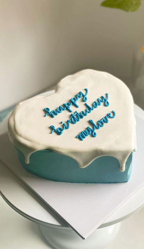 Small Blue Birthday Cake, Blue Colour Cake, Blue Colour Birthday Cake, Blue Heart Birthday Cake, Minimalist Cake Birthday Men Blue, Cake Pictures Birthday, Birthday Cake 2023, Light Blue Heart Shaped Cake, Minimalist Cake Birthday