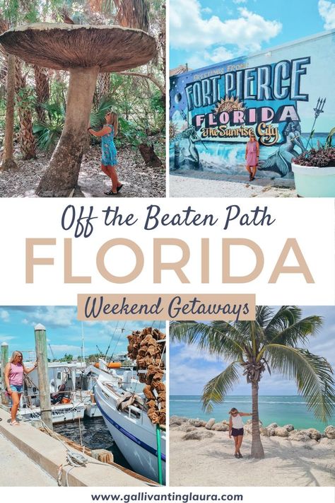 Four images, top left to right: girl with a blue dress standing underneath a giant mushroom, girl standing in a pink dress against a colourful mural wall that reads 'Fort Pierce Florida, The Sunrise City'. Bottom left to right: girl standing next to a sponge boat at the dock, girl standing underneath a palm tree looking down with the blue sea in the background Florida Day Trips With Kids, Hidden Gems Florida, Southern Florida Vacation, Day Trips Florida, Unique Places In Florida, Florida Must See Places, Cool Places To Visit In Florida, Florida Weekend Getaways, Florida Places To Visit