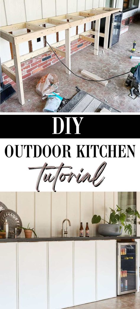 How To Build a DIY Outdoor Kitchen With Wood Frame Diy Outdoor Kitchen Countertop, Butcher Block Outdoor Kitchen, Outdoor Kitchen Diy, Outdoor Kitchen Diy On A Budget, Build Outdoor Kitchen, Stock Cabinets, Diy Outdoor Kitchen, Deck Boards, Kitchen Countertops