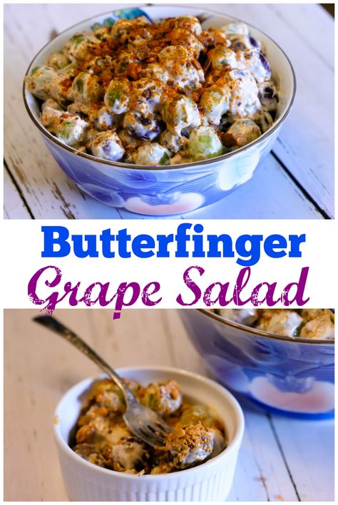 This Butterfinger Grape Salad is absolutely the best grape salad ever!  One of my all time most requested recipes. Grape Salad With Cream Cheese Butterfinger, Grape Salad Recipe Butterfinger, Grape Deserts, Grape Recipes Ideas, Grape Dessert Recipes, Grape Dessert, Grape Salad Recipe, Grape Recipes, Grape Salad