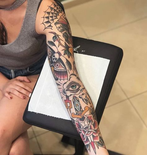 Old School Tattoo Sleeve, Tattoo Arm Sleeve, Tattoo Sleeve Filler, Traditional Style Tattoo, Traditional Tattoo Sleeve, Traditional Ink, Tattoo Arm, Sleeve Tattoos For Women, American Traditional Tattoo