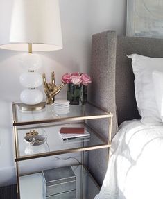 Side table | clear Glass with brass accents. Chic and feminine Small Side Table Bedroom, Nightstand Decor, Прикроватные Тумбочки, Side Table Decor, Side Tables Bedroom, Trendy Bedroom, Night Stand, Apartment Living, New Room