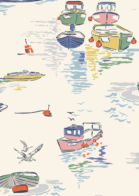 Sea View | A watercolour look out to sea complete with bobbing row boats and seagulls | Cath Kidston S16 Boat Illustration Design, Kids Prints Design, Paper Boat Drawing, Kids Wallpaper Pattern, Kids Pattern Design, Seaside Illustration, Cath Kidston Patterns, Nautical Illustration, Cath Kidston Fabric