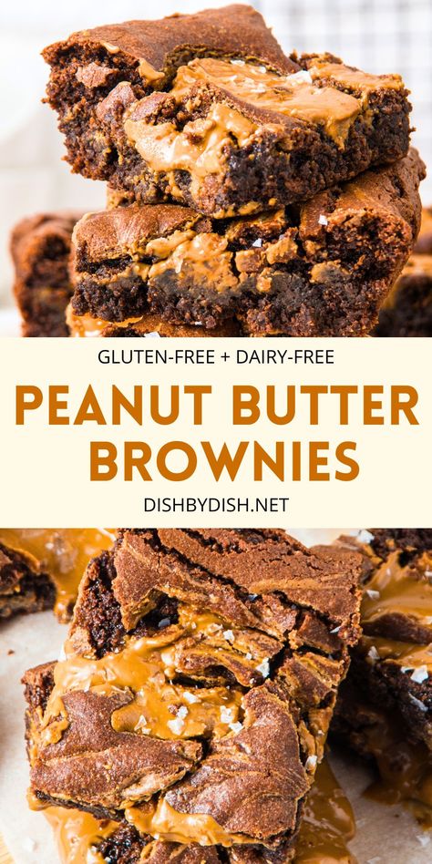 Fudgy and filled with pockets of creamy peanut butter, these gluten-free peanut butter brownies are the perfect treat for peanut butter lovers! Totally dairy-free too. Go bake a batch and indulge today! Going Gluten And Dairy Free, Gluten Free Peanut Butter Brownies, Gluten Free Peanut Butter Bars, Peanut Butter Brownies Recipe, Sugar Free Peanut Butter, Work Food, Butter Brownies, Gluten Free Peanut Butter, Peanut Butter Desserts