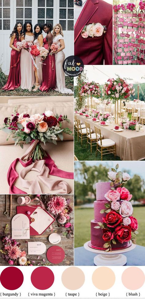 viva magenta wedding, viva magenta wedding ideas, wedding colour, wedding ideas, how to use viva magenta in wedding, summer wedding, wedding color theme, viva magenta and blush colour palette Magenta Wedding Bridesmaid, Berry Color Wedding Decor, Fuschia And Red Wedding, Magenta Color Palette Wedding, Berry Color Wedding Theme, Pink Wedding Scheme Colour Palettes, Raspberry Pink Wedding, Pink And Berry Wedding, Cherry Red Wedding Color Schemes