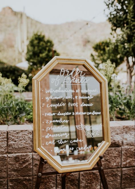 Mirror, gold mirror, wedding day timeline, Tucson, Arizona wedding, wedding reception Wedding Timeline Mirror, Mirror Wedding Timeline, Gold Mirror Wedding, Mirror Wedding, Tucson Wedding, Wedding Mirror, Order Of The Day, Wedding Day Timeline, Mirror Gold