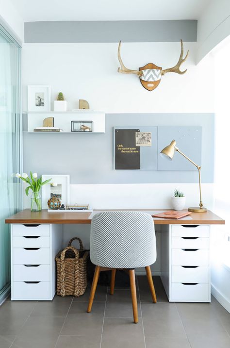 Executive Office Decor, Ikea Storage Cabinets, Ikea Desk Hack, Desk Hacks, Feminine Home Offices, Ikea Desk, Interior Vintage, Workspace Inspiration, Modern Home Office