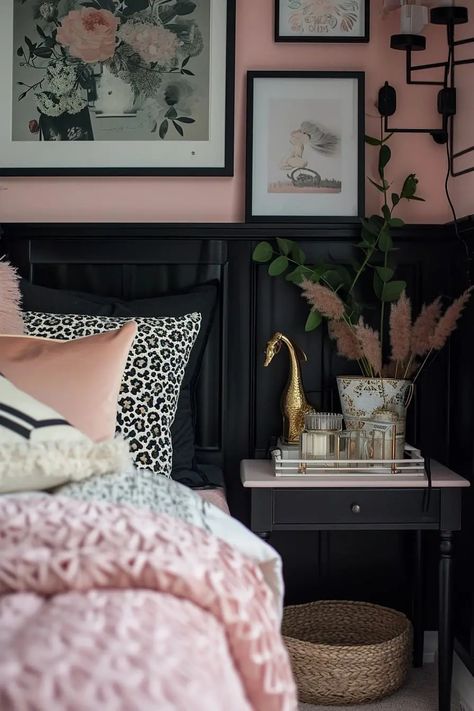 Revamp your bedroom into a bold and stylish sanctuary with these 25 Edgy and Chic Pink and Black Bedroom Ideas. This collection showcases how to blend the softness of pink with the boldness of black to create a space that's both daring and elegant. Discover ways to incorporate geometric patterns, sleek furniture, and contemporary decor to bring this dynamic color duo to life. Whether you're aiming for a sophisticated, modern look or a quirky, punk-inspired vibe. Pink Bedroom Black Furniture, Edgy Master Bedrooms Decor, Edgy Girly Aesthetic Room, Black And Fuschia Bedroom, Black And Pink Interior Design, Black Pink And White Bedroom, Pink White And Black Bedroom, Black And Pink Office, Black White And Pink Bedroom