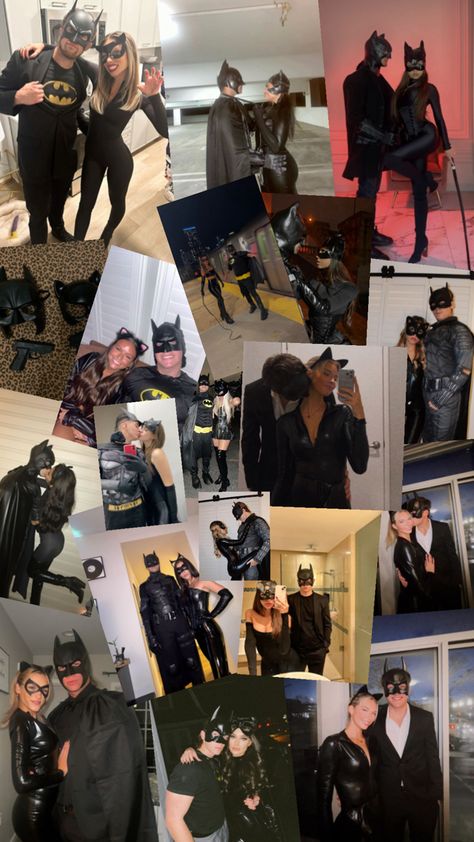 A collage of couples dressed as Batman and Catwoman, featuring Batman’s black cape and mask alongside Catwoman’s leather jumpsuit and cat ears, capturing their iconic superhero and villain style for a dynamic Halloween look. Batman And Catwoman Costumes, Dynamic Duo Costumes, Catwoman Costume, Batman Catwoman, Matching Halloween Costumes, Duo Costumes, Villain Costumes, Batman Costume, Couples Costume