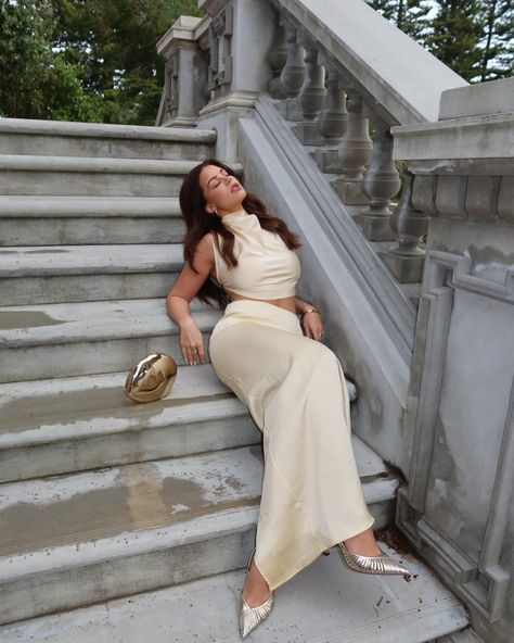 PRINCESS ENERGY 🪞🤍✨ @graciepiscopo in our Butter Cream Satin Tie Side High Neck Cowl Crop Top & Butter Cream Satin Mid Rise Maxi Skirt 🍋 Tap to shop 🫶 Princess Energy, Backless Silk Dress, Long Straight Skirt, Beach Party Outfits, Vest Tops, Silk Outfit, Silk Maxi, Skirt Long, Straight Skirt