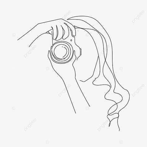 Camera Minimalist Drawing, Line Art Person, Curly Hair Line Art, Line Art Photography, Camera Line Drawing, Camera Line Art, Photograph Drawing, Photographer Drawing, Camera Outline