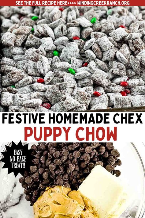 Indulge in the holiday spirit with this irresistible Christmas Chex Mix Muddy Buddy recipe! Featuring creamy peanut butter and festive flavors, this homemade puppy chow is the perfect holiday treat or edible gift. Easy to make and impossible to resist! Homemade Muddy Buddies Puppy Chow, Puppie Chow Chex Mix Recipe, Christmas Puppy Chow Chex Mix Recipe Easy, New Years Puppy Chow, Gluten Free Puppy Chow Recipes, Thanksgiving Puppy Chow Chex Mix Recipe, Christmas Chow Chex Mix Recipe, Xmas Puppy Chow, Puppy Chow With Peanut Butter