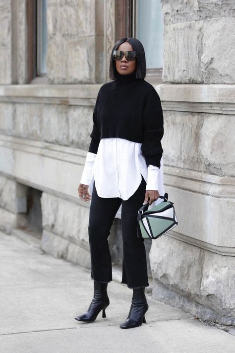 Fab Ways to Layer a White Button-Down Shirt - YLF Layering White Shirt, White Shirt Under Sweater, Shirt Under Dress Outfit, Black Jeans Outfit Ideas, Shirt Under Sweater, Shirt Under Dress, Contrast Outfit, Denim Vest Outfit, White Tunic Shirt