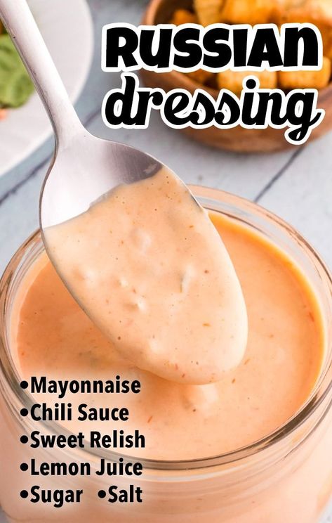 Russian Dressing Recipe, Fun Food Ideas For Kids, Homemade French Dressing, Russian Salad Dressing, Homemade Russian Dressing, Chili Sauce Recipe, Russian Dressing, Fantastic Recipes, Savory Salads