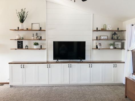 Turn Wall Cabinets Into Custom Storage, Shiplap Tv Wall With Cabinets, Built In Entertainment Center Vaulted Ceiling, Entertainment Center On Vaulted Wall, Large Vaulted Ceiling Living Room, Vaulted Ceiling Small Living Room, Built In Entertainment Center Tall Ceiling, Open Shelving Around Tv, Media Wall Vaulted Ceiling