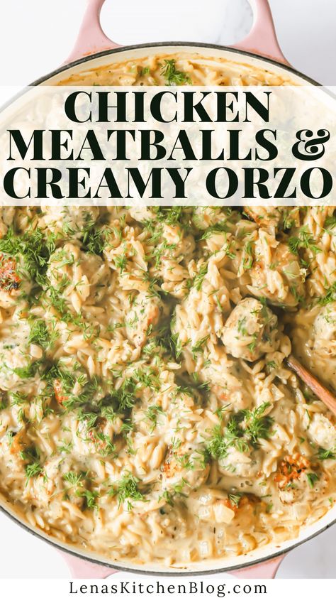 Keep dinner easy with Chicken Meatballs with Orzo. Homemade meatballs are cooked with orzo pasta, cheese, chicken broth, and lemon in one pan. It’s a well-balanced dinner the entire family will love! Crockpot Garlic Butter Chicken Meatballs With Creamy Orzo, Baked Lemon Butter Chicken Meatballs With Creamy Spinach Orzo, Baked Lemon Rosemary Chicken Meatballs And Creamy Orzo, Lemon Orzo Meatball, Sides For Chicken Meatballs, One Pan Chicken Meatballs With Orzo, Orzo Meatball Recipe, Lemon Chicken Meatballs With Orzo, Feta Orzo Chicken Bake