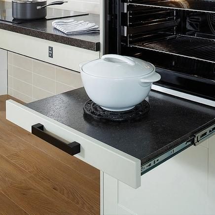 Pull-Out Worktop Runners Pull Out Worktop, Pull Out Countertop Extension, Kitchen Pull Out Larder Cupboard, Howdens Halesworth, Howdens Oak Laminate Worktop, Light Countertops, Kitchens Uk, Kitchen Moodboard, Clever Kitchen Storage