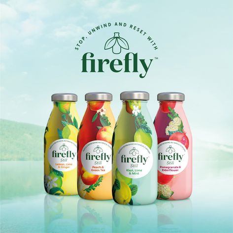 Family (and friends) - - World Brand Design Society / Firefly is a delicious range of natural soft drinks carefully crafted from still water, fruit juice and a blend of botanicals. Targeted to adults, it’... Beverage Packaging Design, Juice Drink Packaging, Healthy Drink Package Design, Natural Juice Packaging, Fruit Drink Packaging Design, Drinking Yogurt Packaging Design, Organic Drink Packaging, Pomegranate Green Tea, Fiber Drinks