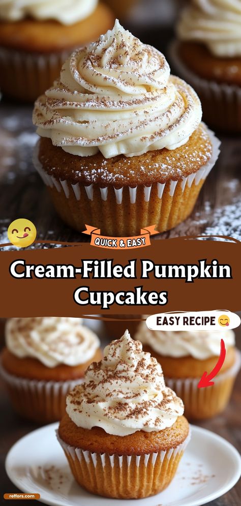 Cream Filled Pumpkin Cupcakes, Spice Cake Cupcakes With Filling, Cupcake Recipes Pumpkin, Moist Pumpkin Cupcakes, Pumpkin Roll Cupcakes, Pumpkin Cupcakes With Cake Mix Easy, Pumpkin Cream Cheese Cupcakes, Pumpkin Spice Cupcakes Recipe, Pumpkin Spice Cupcakes Easy