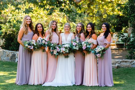 Lavender And Peach Bridesmaid Dresses, Blush Bridesmaids Dresses, Peach Wedding Colors, Wisteria Wedding, Socal Wedding Venues, Calamigos Ranch Wedding, Cornish Wedding, Peach Bridesmaid Dresses, Reception Cocktail