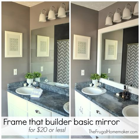 How to frame out that builder basic bathroom mirror (for $20 or less!) Bathroom Mirror Makeover, Bathroom Mirrors Diy, Mirror Makeover, Bathroom Mirror Frame, Bad Inspiration, Gray Walls, Trendy Bathroom, Bathroom Mirrors, Bathroom Redo