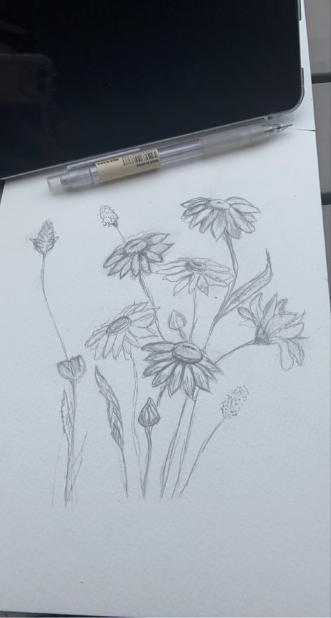 Grass And Flowers Drawing, Flowers Growing Drawing, Messy Flower Drawing, Field Flowers Drawing, Flower Field Drawing Pencil, Flower Field Sketch, Field Drawing Easy, Field Of Flowers Drawing, Flower Field Drawing