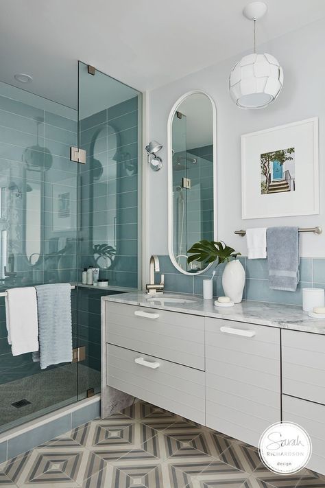 Sarah Richardson Bathroom, Waterfall Counter, Sarah Richardson Design, Instagram Bathroom, Sarah Richardson, Bathroom Goals, Downstairs Bathroom, Bath Taps, Shower Stall