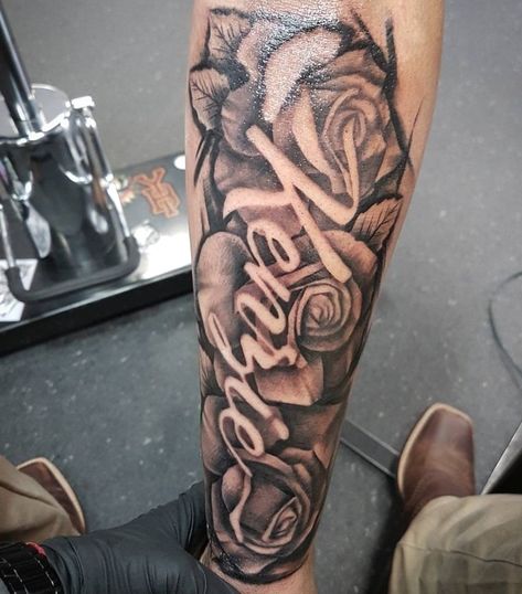 Roses Tattoo With Name, Roses And Name Tattoo, Name And Rose Tattoo, Name With Roses Tattoo, Name On Forearm Tattoo, Name Forearm Tattoo, Rose With Name Tattoo, Rose Name Tattoo, Grandpa Tattoos