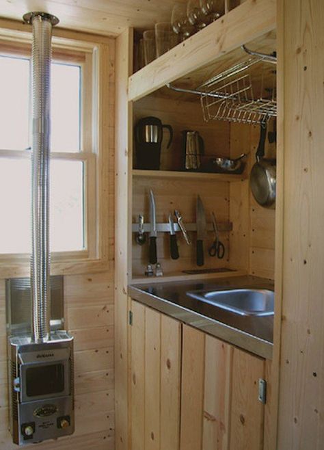 xs-house-kitchen-3 Enclosed Kitchen, Tumbleweed Tiny Homes, Trailer Conversion, Tiny House Company, Mini Loft, Rv Kitchen, Tiny House Kitchen, Sink Storage, Small Space Kitchen