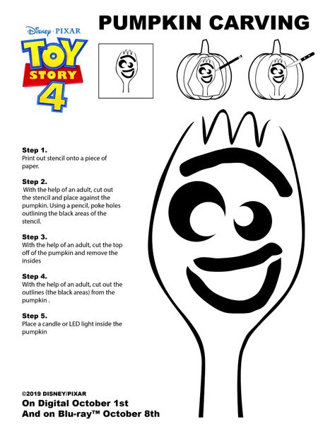 Free Printable Disney Toy Story Forky Pumpkin Stencil #FreePrintable #ToyStory #ToyStory4 #Forky #Halloween #HalloweenPrintable #PumpkinStencil #DisneyHalloween Toy Story Pumpkin, Forky Pumpkin, Disney Pumpkins, Disney Pumpkin Carving Templates, Pumpkin Carving Stencil, Pumpkin Stencils Free, Weekly Activities, Train Pumpkin, Disney Pumpkin Carving