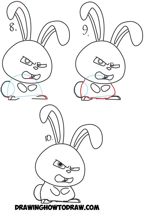 How to Draw Snowball the Bunny Rabbit from The Secret Life of Pets Drawing Tutorial Snowball Rabbit, Angry Bunny, 3d Drawing Tutorial, Trin For Trin Tegning, Rabbit Drawing, How To Draw Steps, Bunny Drawing, Drawing Tutorials For Kids, Pets Drawing