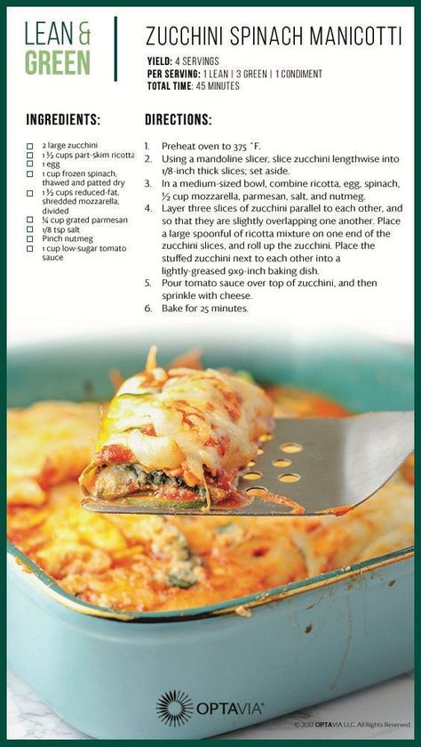 Spinach Manicotti, Optavia Lean And Green Recipes, Medifast Recipes, Optavia Lean And Green, Lean Protein Meals, Lean And Green, Lean Meals, Green Recipes, Lean And Green Meals