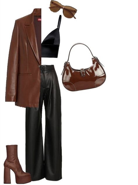 Black with brown leather outfit Black And Brown Leather Outfit, Silk And Leather Outfit, Black And Brown Outfit Women, Brown Leather Top Outfit, Brown Black Outfit, Brown Purse Outfit, Black And Brown Outfit, Leather Top Outfit, High Waisted Leather Pants