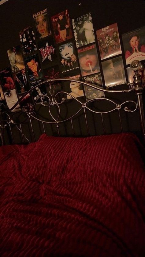 Above The Bed Wall Decor Goth, Emo Goth Room Ideas, Grunge Bedding Aesthetic, Goth 4 Poster Bed, Bedroom With Band Posters, Bedroom Metalhead, 90s Horror Aesthetic Room, Dark Red Bedroom Decor, Goth Room Inspo Aesthetic