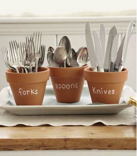 Terra Cotta Pots As Utensil Holders! How Simple, But How Fantastic Do These Look?.............. Creative Bridal Shower Ideas, Deco Champetre, Summer Garden Party, Garden Birthday, Spring Party, Bbq Party, Superbowl Party, Garden Parties, Backyard Party