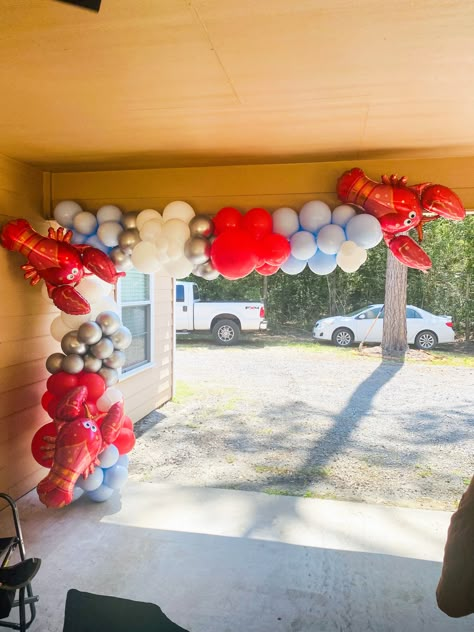 Crawfish Birthday Party Decorations, Crawfish Boil Ideas, Crab Boil Birthday Party Ideas, Clambake Birthday Party, Crawfish Gender Reveal Ideas, Crawfish Theme Party, 1st Birthday Crawfish Boil, Shrimp Boil Birthday Cake, Crawfish Boil Balloon Arch