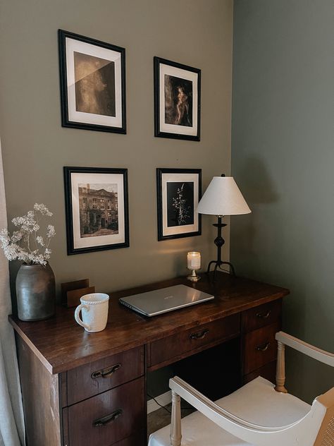 Cozy Wfh Office, Home Office Cat Room, Small Moody Office Inspiration, Study Spare Room Ideas, Earth Tone Home Office, Moody Workspace, Moody Small Office, Office And Sitting Room Combo, Earthy Office Space