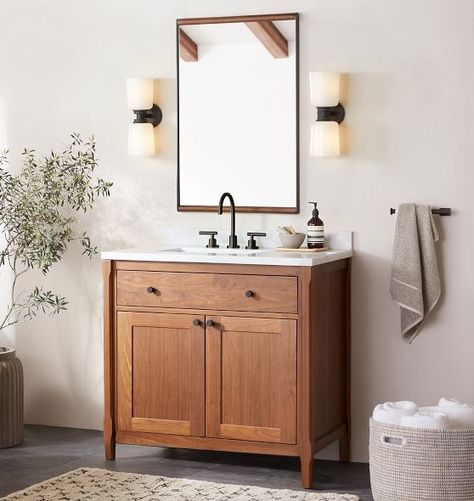 Bathroom Sinks & Vanities | Rejuvenation Walnut Bathroom Vanity, Japanese Style Bathroom, Kitchen Counter Stools, Interior Design Resources, Calacatta Marble, Classic American Style, Drawer Shelves, Drawer Hardware, Vintage Storage