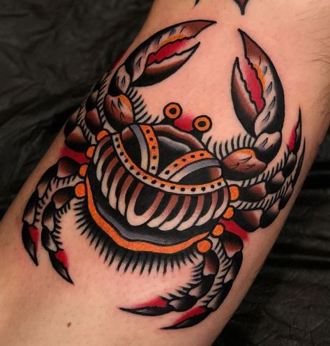 100 Best Traditional Tattoos Of All Time - TheTatt Best Traditional Tattoos, Designs With Meaning, Old School Tattoos, Crab Tattoo, Traditional Tattoo Inspiration, Traditional Style Tattoo, Traditional Tattoo Sleeve, Fire Tattoo, Old School Tattoo Designs