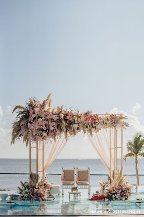 Beach Side Indian Wedding, Boho Wedding Gazebo, Beach Mandap Decor, Garden Beach Wedding, Pastel Mandap, Mauritian Wedding, Rustic Mandap, Mandap Outdoor, Beach Wedding Backdrop