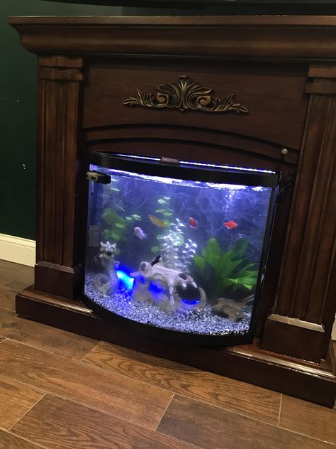 There's something fishy about my fireplace Fireplace Fish Tank, Fish Tank Fireplace, Fireplace Aquarium, Homemade Aquarium, Outdoor Fish Ponds, Unused Fireplace, Turtle Aquarium, Biotope Aquarium, Aquarium Pump