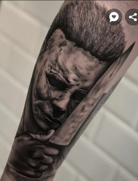 Michael Myers Tattoos, Jason Vorhees Tattoo, Movie Tattoos Ideas, Horror Movie Tattoos Ideas, Drawing Ideas Horror, King Of Hearts Tattoo, Michael Myers Tattoo, Myers Tattoo, Chest Tattoo Stencils