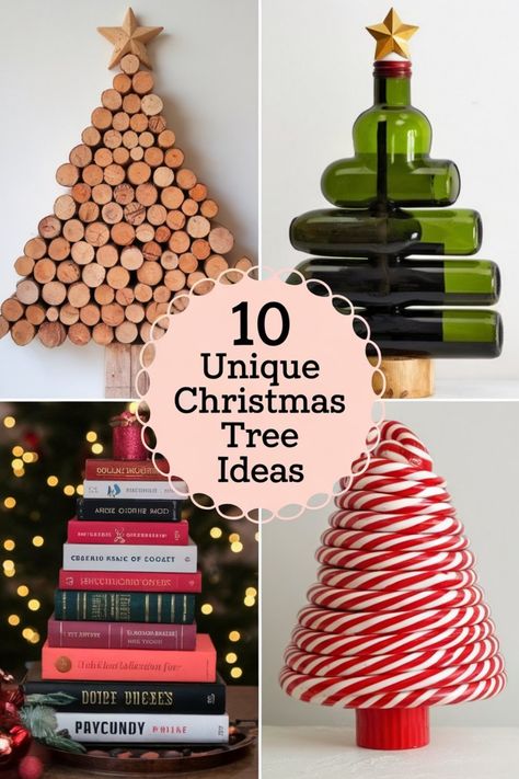 Creative Christmas tree designs made from corks, wine bottles, books, and candy canes. Interesting Christmas Tree Ideas, Diy Christmas Tree Alternative, Nontraditional Christmas Tree, Christmas Tree Alternative Ideas, Non Traditional Christmas Tree, Diy Christmas Tree Ideas, Unconventional Christmas Trees, Unique Christmas Tree Ideas, Unusual Christmas Trees